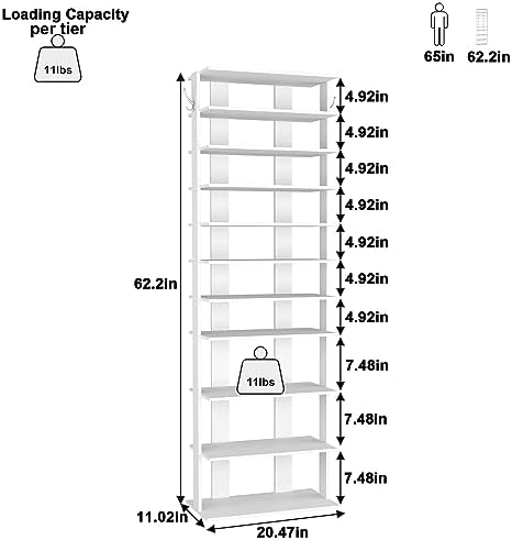 HOMEFORT 10-Tier Corner Shoe Tower - Double Rows, Slim Shoe Stand for 20 Pairs - Entryway, Hallway, Closet (White) - Image 3