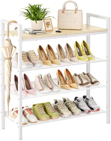 GEEBOBO 4 Tier Shoe Rack for Entryway, Holds 12 Pairs of Shoes, Metal Shoe Rack & Organizer for Front Door Entrance, Shoe Storage for Closet, Garage (White+Beige) by GEEBOBO