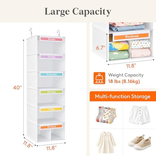 Lifewit 6 Shelf Weekly Hanging Clothes Storage Organizer for Kids, White - Image 4
