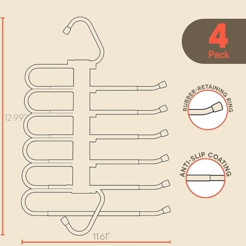 Campior Space Saving Pants Hangers 4 Pack, 6 Layer Jeans Hangers and Closet Organizer for Jeans, Scarves, & Skirts, Multi-Layer Hanger with Anti-Slip Stopper, Heavy-Duty S-Type Stainless Steel, Gray - Image 2