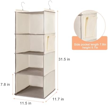 Hanging Closet Organizer and Shelves,4 Shelves with 1 Side Pockets (Beige) - Image 3