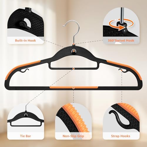 Yolife Cascading Plastic Clothes Hangers 20 Pack with Inner Hook for Vertical Storage, Slim Space Saving Hangers with Non-Slip Pads, 360° Swivel Metal Hook, Versatile, Black & Orange - Image 3