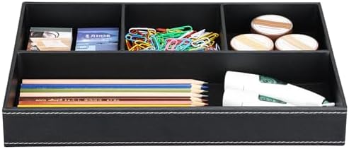 KINGFOM Pu Leather Desk Organizer Tray, 4 Compartment Office Storage Supplies Stationery Drawer Tray, Nightstand Bedside Tray for Key, Wallet, Sunglass, Watch, Coin, Phone Valet Tray Stackable Black - Image 4