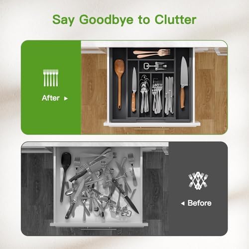 Pipishell Bamboo Expandable Silverware Drawer Organizer, Black, Medium - Image 6