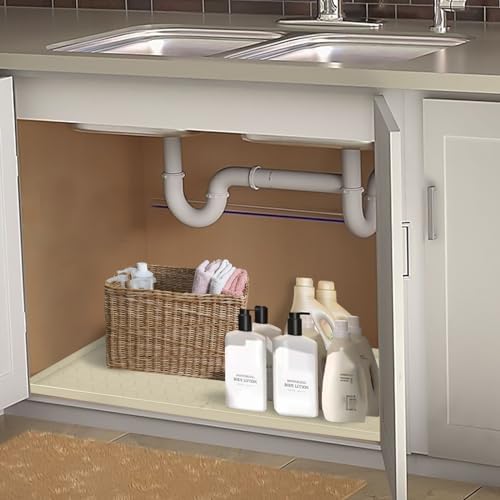 Under Sink Mat for Kitchen Silicone Waterproof Under Sink Liner, Flexible Sink Cabinet Organizer Tray with Drain Hole, Hold up to 3.3 Gallons Liquid, Easy to Clean (Beige, 34X22) - Image 3
