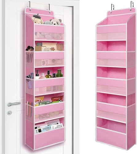 TYMENSH Pink Over Door Organizer with 5 Large Clear Pockets and 6 Side Mesh Pockets, Anti-Tilt Hanging Door Storage for Nursery, Bedroom, Bathroom, Closet, Toys, Baby Essentials by TYMENSH