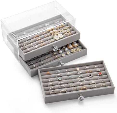 SPAKOWN Ring Box Display Holder, Clear Velvet Jewelry Storage Tray Organizer for Ring Stud Earring (Grey - 3 Drawers) by SPAKOWN