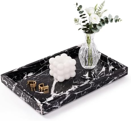 Marble Bathroom Tray for Countertop & Home Decor, Natural Decorative Marble Tray for Jewelry & Perfume Organizer, Luxury Stone Vanity Trays for Dresser, Kitchen Counter, 12" x 8", Black by Homaura