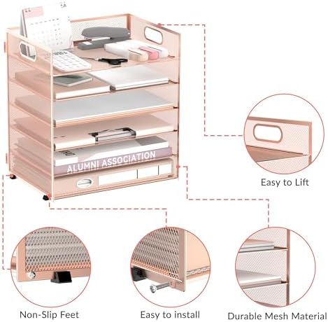 Daltack 6-Tier Paper Organizer for Desk with Handle, Rose Gold - Image 4