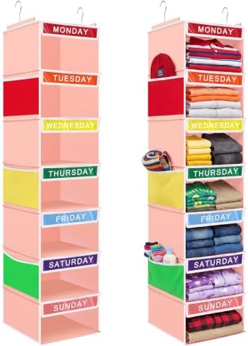Amylove 2 Pcs 7 Shelf Weekly Clothes Organizer for Kids Hanging Closet Organizer 11. 8 x 11. 8 x 50 Inch Daily Activity Kids Clothes Storage Drawers Cube Drawers Closet Hanging Shelves(Orange Pink) by Amylove