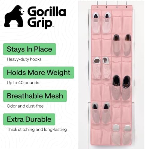 GORILLA GRIP Over the Door Shoe Organizer, 24 Large Pockets, Pink - Image 2