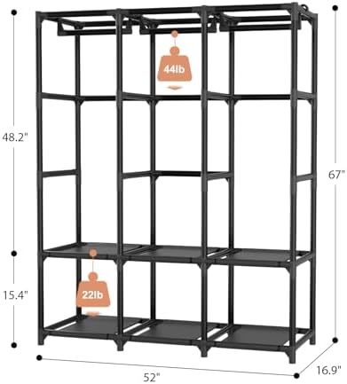 Wardrobe Closet, Portable Closets for Hanging Clothes 19mm Steel Tube Portable Wardrobe Closet for Bedroom, Clothes Rack with Cover, 3 Hanging Rod, 6 Storage Shelves and Side Pocket - Image 3