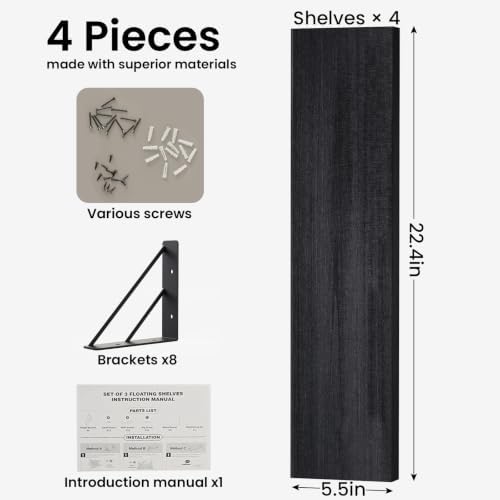 BAYKA Wall Mounted Floating Shelves, Wood Floating Wall Shelf for Books & Decor, Small Space-Saving Display & Organizer（Black，23in，Set of 4） - Image 2