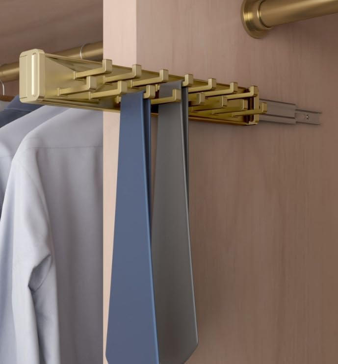 15-Hook Designer Wardrobe Reversible Closet Tie Rack with 11.22 Inch Retractable Pullout Extension (Matte Brass) by HardwareforHomeBusiness