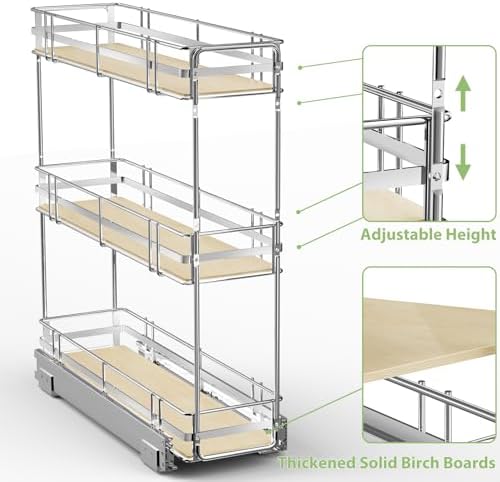 ROOMTEC 3-Tier Pull Out Cabinet Organizer Spice Rack for Narrow Cabinet 6" W x 20½" D, Slide Out Wood Shelves Storage for Kitchen - Image 5
