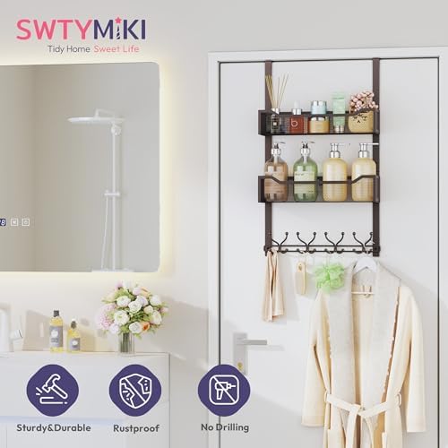 SWTYMIKI Over The Door Hooks Organizer - Multi-Functional Door Hanger with 16 Hooks & 2 Mesh Baskets, Long Coat Rack for Bathroom, Bedroom, Living Room, Home Storage Organizer, Bronze - Image 3