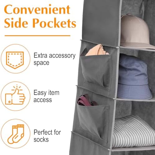 2 Pcs Hanging Closet Organizer, 6-Shelf Storage with 2 Side Pockets and Hooks, for Clothes Sweaters Shoes Accessories, Space-Saving for Dorm RV Small Closet, Grey - Image 4