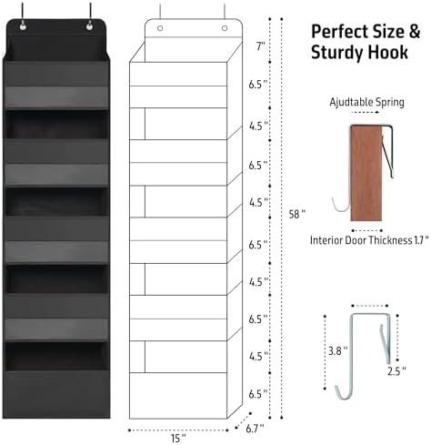 TYMENSH Black Over Door Organizer with 5 Large Clear Pockets and 6 Side Mesh Pockets, Anti-Tilt Hanging Door Storage for Closet, Bathroom, Nursery, Bedroom, Dorm, Toys, Cosmetics - Image 2