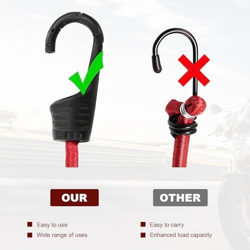 2 PCS 24 Inch Bungee Cords with Hooks, Heavy Duty Bungee Straps Elastic Cargo Tie Down Rope, Multi-Purpose Cord Sturdy Fastening Belt for Bicycle Outdoor Tent Luggage Rack (Red) - Image 5