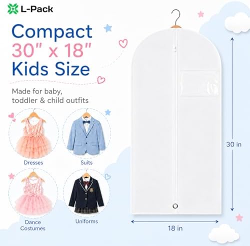 Kids Garment Bag with Clear Window, Hanging Clothes Storage Cover for Dresses, Suits & Dance Costumes, Breathable Travel Bag for Baby Toddler Child, 30" x 18", White, Pack of 1 - Image 2