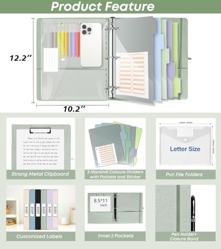 1 Inch 3 Ring Linen Binder Organizer, BVSSX Three Ring Binders with Clipboard, Plastic Folder, 5-Tabs Pocket Dividers with Sticker Labels, Pen Loop, Elastic Strap (Sauge, Letter Size) - Image 2