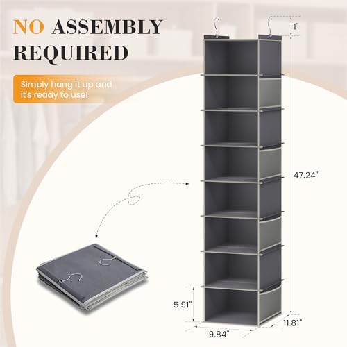 YOUDENOVA Upgraded Extra Wide Hanging Shoe Organizer for Closet, 8-Shelf Storage Organizer with 8 Side Pockets, Hanging Shoe Rack for Hats Clothes Jeans, 2 Packs, Grey - Image 4