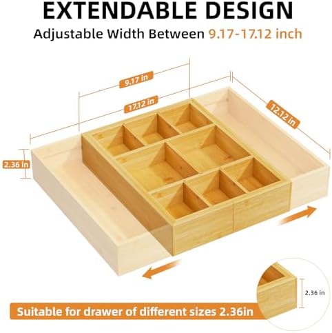 Marbrasse Bamboo Expandable Drawer Organizer, Desk Drawer Organizer Tray with 5 Dividers, Desk Organizers and Accessories, 10 Adjustable Compartments for Office Supplies, Junk, Makeup & Vanity - Image 2