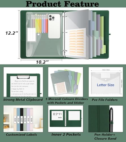 1 Inch 3 Ring Linen Binder Organizer, BVSSX Three Ring Binders with Clipboard, Plastic Folder, 5-Tabs Pocket Dividers with Sticker Labels, Pen Loop, Elastic Strap (Green,Letter Size) - Image 2