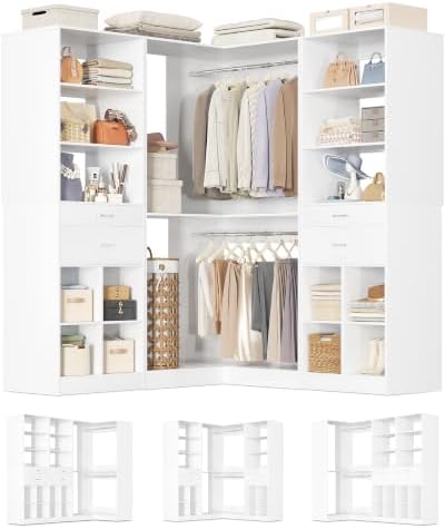 Besiost Closet System with 4 Drawers, 50.5" * 50.5"/ 31.5" * 69.5" Closet Organizer System with Corner Tower, L Shaped Walk-in Closet System, Corner Closet System with Shelves, Set of 3, White by Besiost