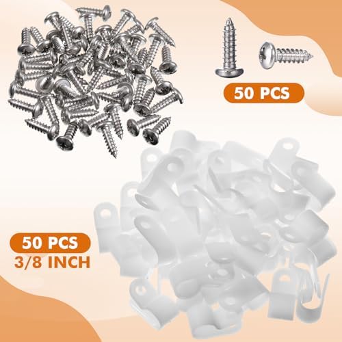 Hicarer 50 Pack R-Type Cable Clip Wire Clamp, Nylon Screw Mounting Cord Fastener Clips with 50 Pack Screws for Wire Management (White,3/8Inch) - Image 5