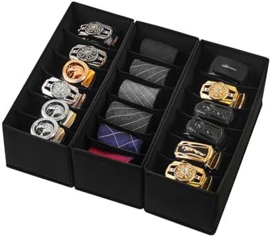 3 Pack Fabric Belt Organizer with 6 Grids per Organizer, Foldable Drawer Organizers for Closet and Drawer, Belt and Tie Holder - Black by Coorganisers
