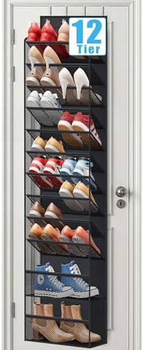 12 Tier Over the Door Shoe Organizer for Closet, Holds 24 Pairs Hanging Shoe Rack for Door with Mesh Pockets, Narrow Shoe Holder Hanger for Sneakers, Boots (Black) by Unknown