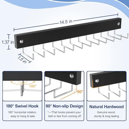 2 Pack Belt Hanger Wall Mount, Large Capacity Tie and Belt Organizer for Wall with 24 180°Rotating Non Slip Hooks, Heavy-Duty Wooden Tie Rack Space Saving Closet Organizers and Storage, Black - Image 3