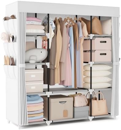 VTRIN Portable Closet Wardrobe for Hanging Clothes 57.3 Inch Large Capacity Clothes Rack with Cover, 10 Storage Organizer Shelves, 1 Hanging Rods and 6 Pockets, Free Standing Closet, White by VTRIN