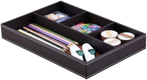 KINGFOM Pu Leather Desk Organizer Tray, 4 Compartment Office Storage Supplies Stationery Drawer Tray, Nightstand Bedside Tray for Key, Wallet, Watch, Coin, Phone Valet Tray Stackable - Image 6