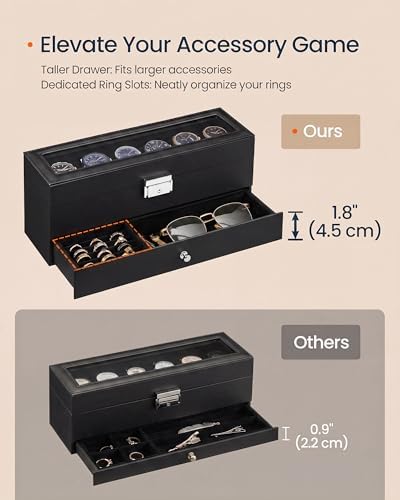 SONGMICS HOME Watch Box, PU Watch Case Organizer with Glass Lid, Removable Pillows, Metal Hardware, Lockable, 6 Slots, Black - Image 5
