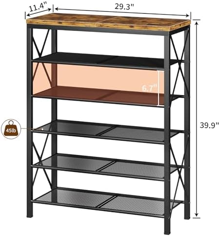 6 Tier Shoe Rack, Metal Shoe Stand with Wooden Top, Sturdy Shoe Shelf for Entryway Closet, Rustic Brown - Image 3