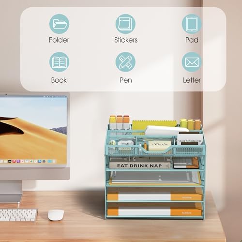 5 Tier Paper Letter Tray Desk Organizer with Pen Holders - Blue - Image 7