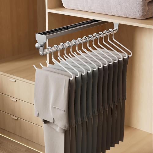 Pull Out Closet Rod, 15.7inch Heavy Duty Pants Rack, Adjustable Clothes Hanger Rail, Space Aluminum Valet Rod, Top Mounted Wardrobe Clothes Organizer, Closet Storage for Trousers Coats Gray by CICUFYOfficial