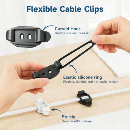10 Sets Adjustable Cable Management Clips, Self Adhesive Cord Organizer with Elastic Loop, Reusable Cable Holder for Desk, Under Desk, Wall, TV, Office, Home, Charging Cables, USB, HDMI, PC Wires - Image 5