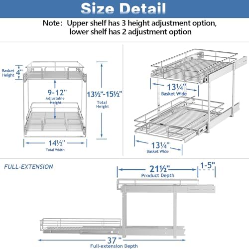 ROOMTEC Individual Pull Out Cabinet Organizer (14½" W x 21½" D), 2 Tier Spice Rack Organizer for Cabinet, Slide Out Drawer Pantry Shelf Organization and Storage for Kitchen Bathroom - Image 3