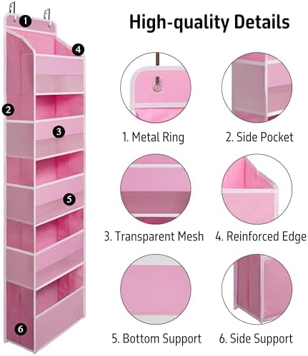TYMENSH Pink Over Door Organizer with 5 Large Clear Pockets and 6 Side Mesh Pockets, Anti-Tilt Hanging Door Storage for Nursery, Bedroom, Bathroom, Closet, Toys, Baby Essentials - Image 4