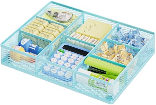 Marbrasse Desk Drawer Organizer, Metal Mesh Drawer Organizer Tray with 5 Adjustable Compartments,Desk Organizers and Accessories for Home,Office,Kitchen,Makeup,Vanity (Blue) by Marbrasse