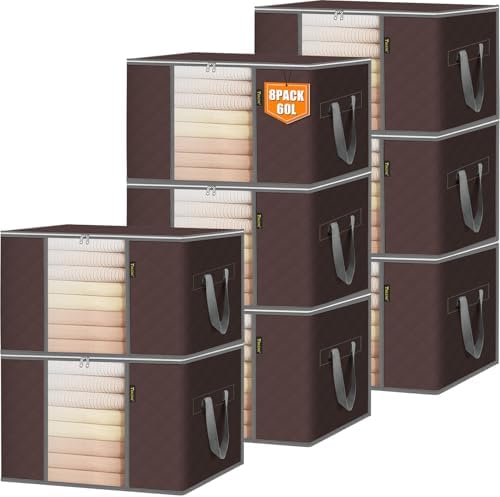 BALEINE 8 Pack Clothes Storage Bags, 16 Gallon Storage Containers with Reinforced Handle, Sturdy Zipper, Closet Organizer for Blanket, Comforter, Pillow, Bedding (Brown, 8 Pack) by BALEINE