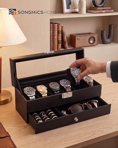 SONGMICS HOME Watch Box, PU Watch Case Organizer with Glass Lid, Removable Pillows, Metal Hardware, Lockable, 6 Slots, Black - Image 2