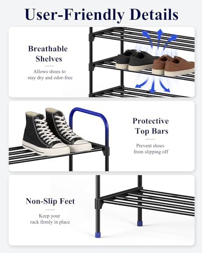 Kitsure Shoe Rack - 3-Tier Space-Saving Shoe Organizer & Shoe Shelf with Handle, Easy Assembly, Sturdy Metal Shoe Rack for Closet, Entryway, Bedroom, 28.0" x 11.8" x 26.5", Black - Image 6