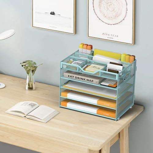 5 Tier Paper Letter Tray Desk Organizer with Pen Holders - Blue - Image 6