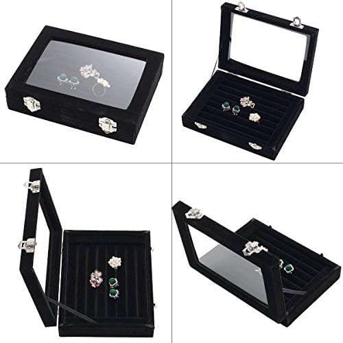 Jewelry Box Rings Organizer Tray 7 Slots Velvet Jewelry Earring Storage Box With Transparent Lid Jewelry Display Case for Girls Women (Black)