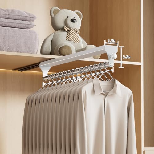 2 Pack Pull Out Closet Rod, 15.7inch Heavy Duty Pants Rack, Adjustable Clothes Hanger Rail, Space Aluminum Valet Rod, Top Mounted Wardrobe Clothes Organizer, Closet Storage for Trousers Coats White - Image 2