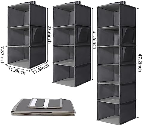 2 Packs Hanging Closet Organizer Stroage, 3-Shelf Hanging Shelves with Bamboo Inserts & Side Pocket, Grey - Image 2